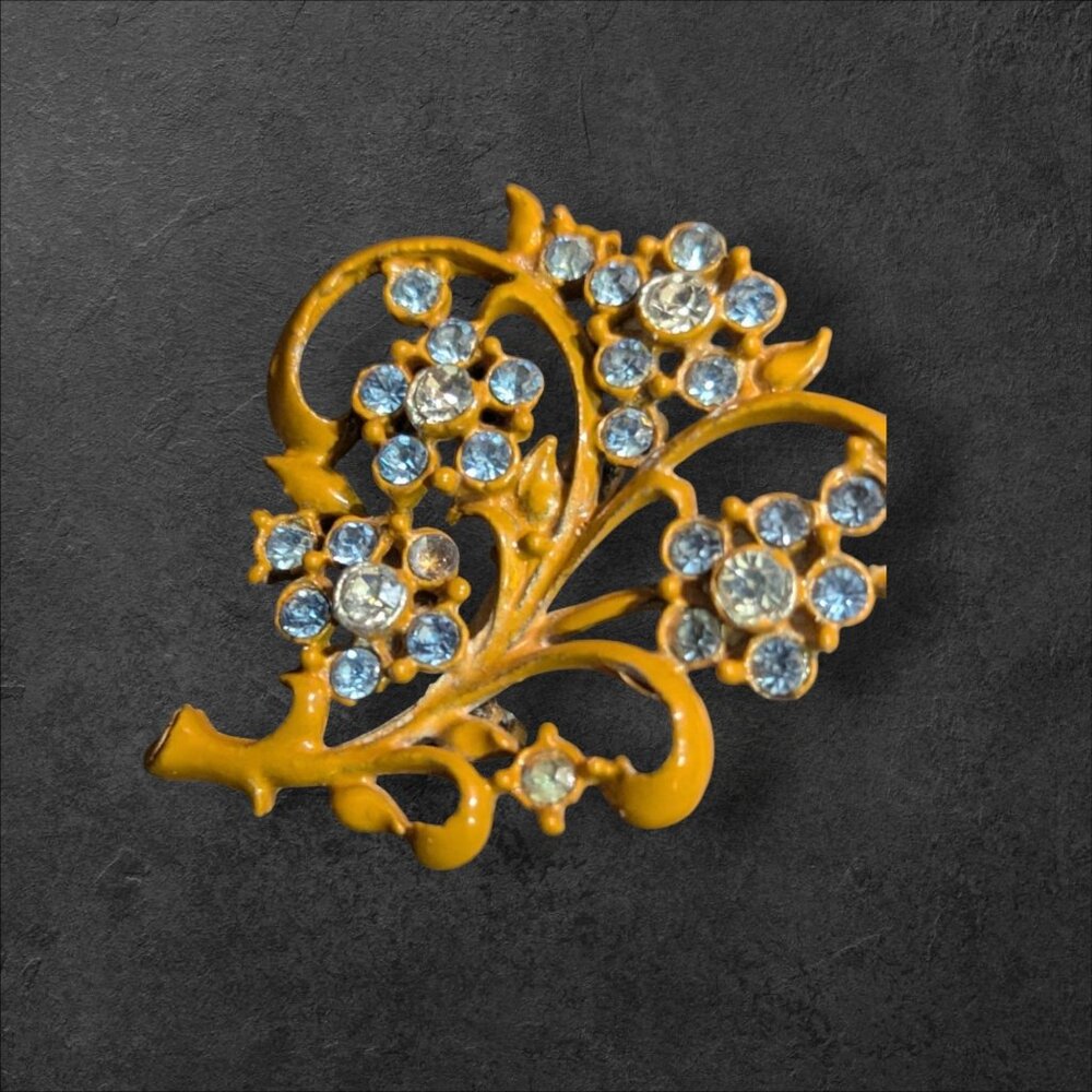 Vintage Yellow Floral Rhinestone Brooch Pin With Blue‎ & Clear Crystals